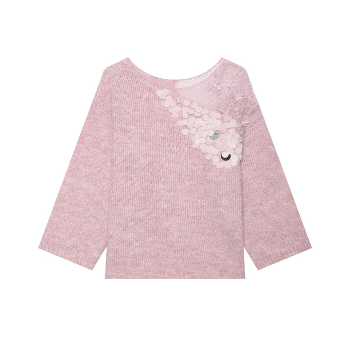 Damen Boxy-Strickpullover mit Pailletten-Applikation und Spitzenbesatz Echoarchiv