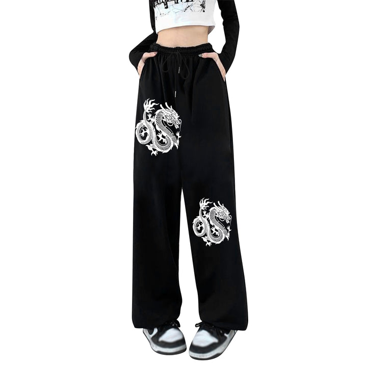 Damen weite Jogginghose hochgeschnitten mit seitlichem Statementprint und elastischem Bund – Avélisse