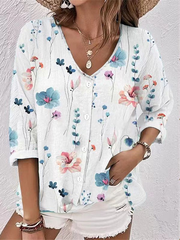 Damen Bluse mit Floralem Druck und Modernem Knopfdesign Echoarchiv