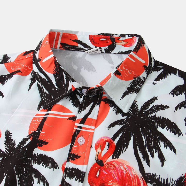 Herren Kurzarmhemd mit tropischem Flamingo-Print und leichtem Stoff Echoarchiv