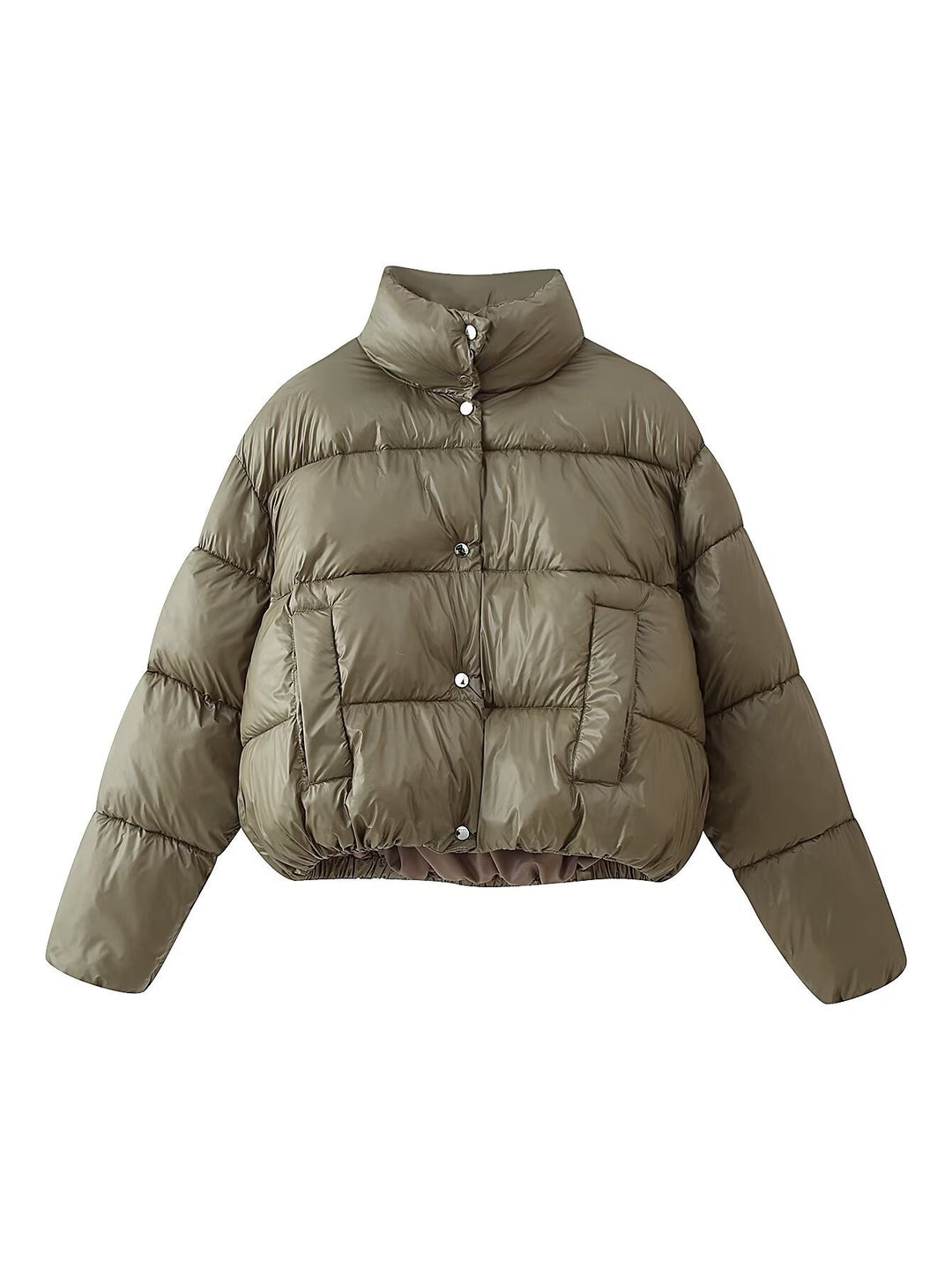 Damen Kurzer wattierter Boxy-Parka mit hohem Stehkragen und Druckknöpfen Echoarchiv