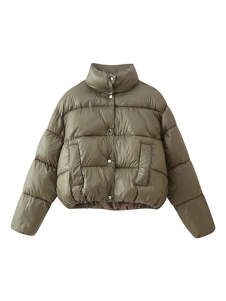 Damen Kurzer wattierter Boxy-Parka mit hohem Stehkragen und Druckknöpfen Echoarchiv