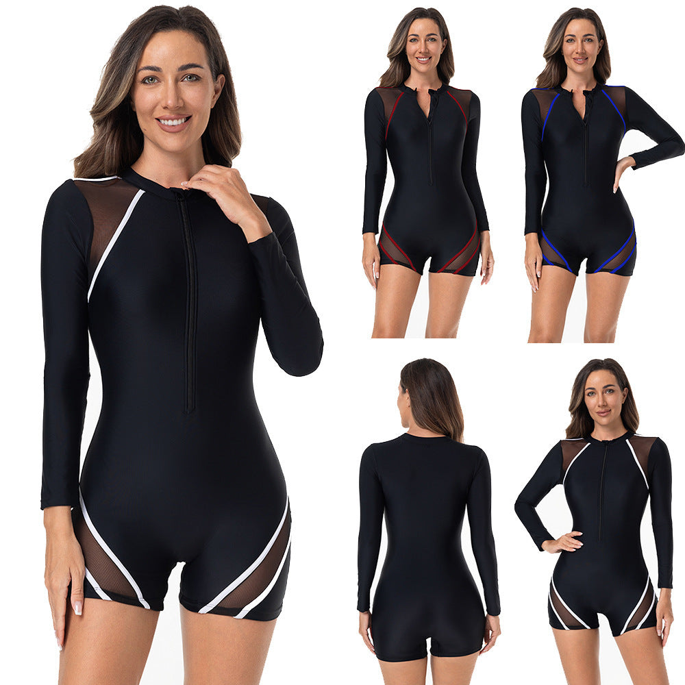 Damen Sportlicher Langarm-Schwimmanzug mit atmungsaktiven Netz Einsätzen Echo Archiv