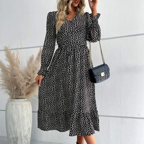 Damen Midikleid mit V-Ausschnitt, geraffter Taille und langen Smokärmeln Echoarchiv