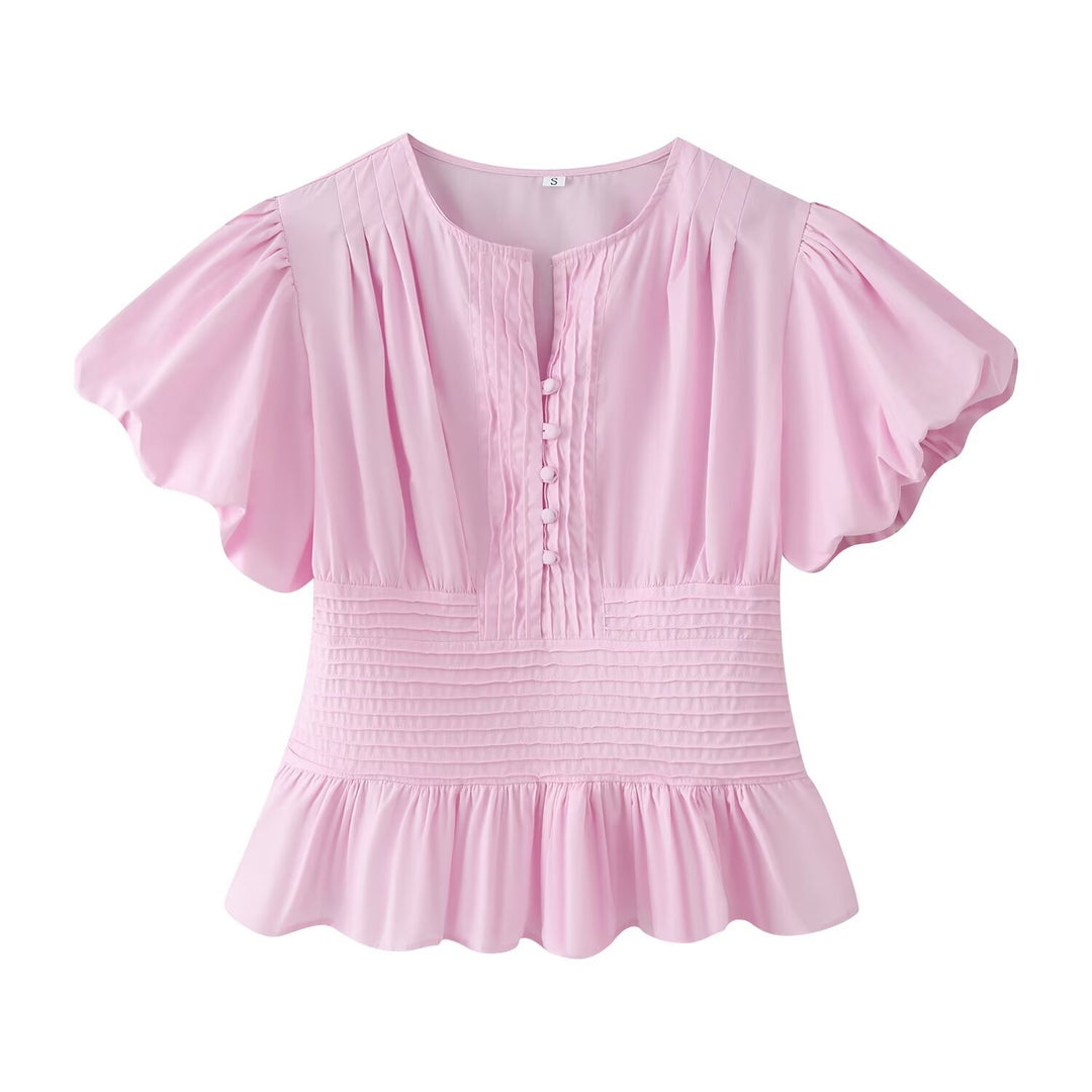 Damen Romantische Bluse mit Puffärmeln, Kellerfalten‑Blende und gesmokter Taille Echo Archiv