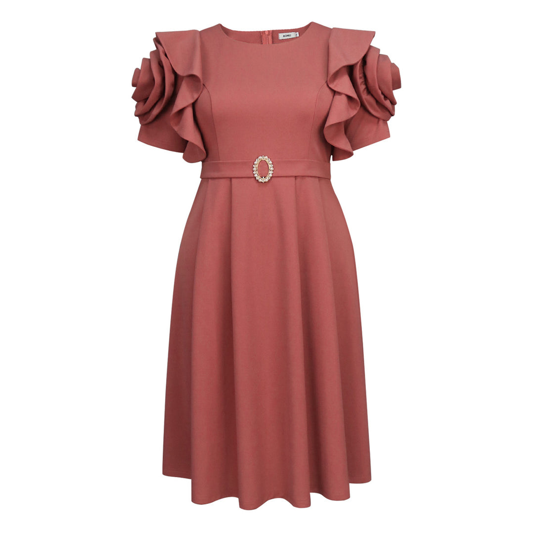 Damen Elegantes Midi-Kleid mit voluminösen Rüschenärmeln und funkelndem Schmuckdetail Echo Archiv