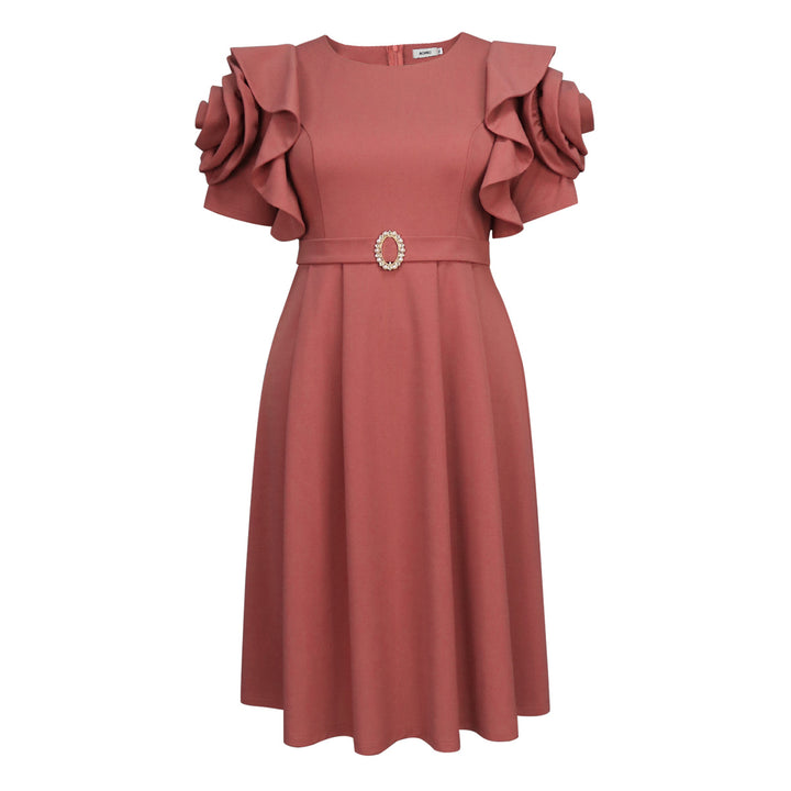 Damen Elegantes Midi-Kleid mit voluminösen Rüschenärmeln und funkelndem Schmuckdetail Echo Archiv