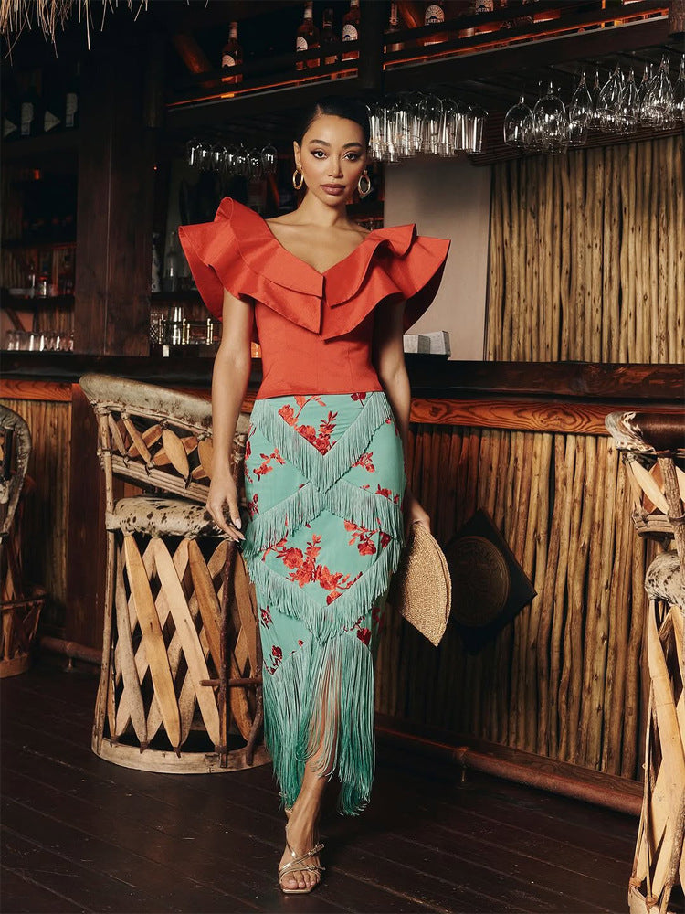 Damen Maxirock mit floralem Print & mehrlagigen Fransen-Details Echoarchiv