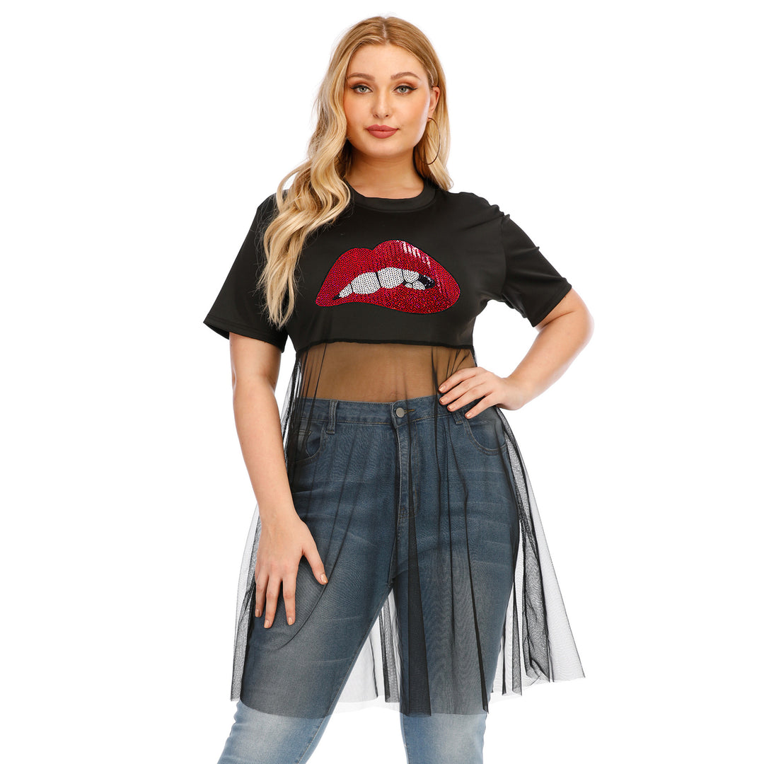 Damen modisches Crop-Top mit transparentem Überwurf und Glitzerbesatz Echo Archiv