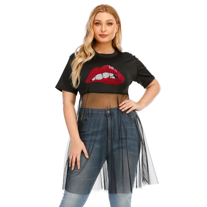 Damen modisches Crop-Top mit transparentem Überwurf und Glitzerbesatz Echo Archiv