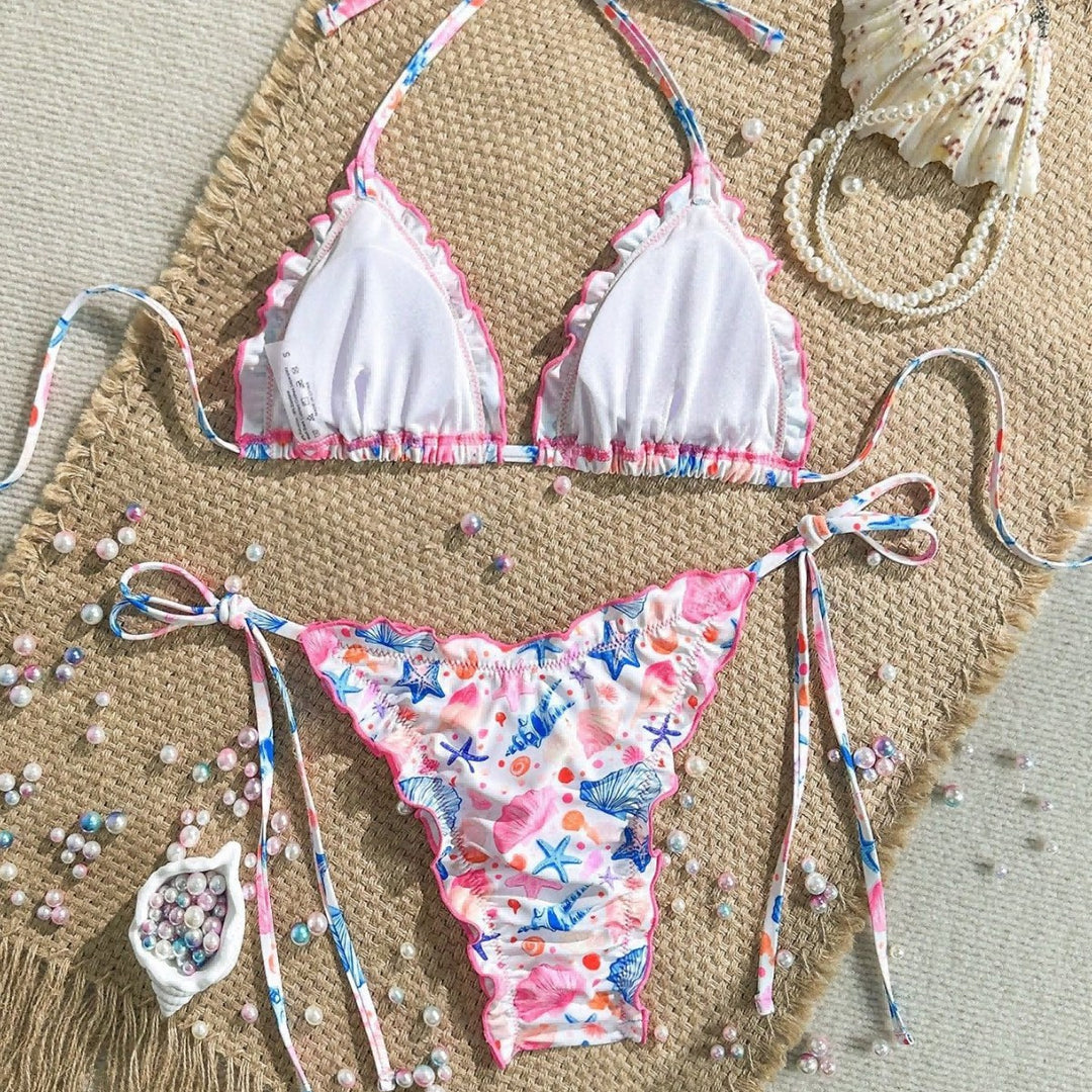 Damen fröhlicher Blumenmuster-Bikini mit Rüschen Echo Archiv