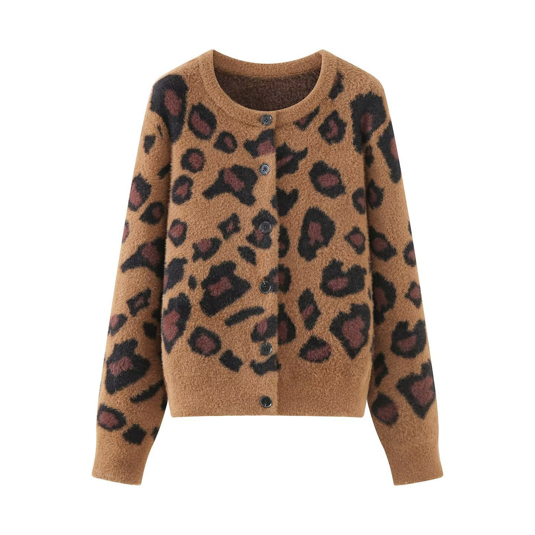 Damen Flauschige Strickjacke im Leo‑Print mit Rundhalsausschnitt und Knopfleiste Echo Archiv