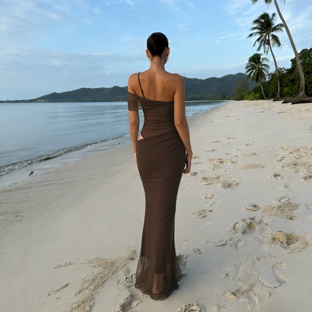 Damen elegantes Abendkleid mit raffinierten Rüschendetails und transparenten Einsätzen Echo Archiv