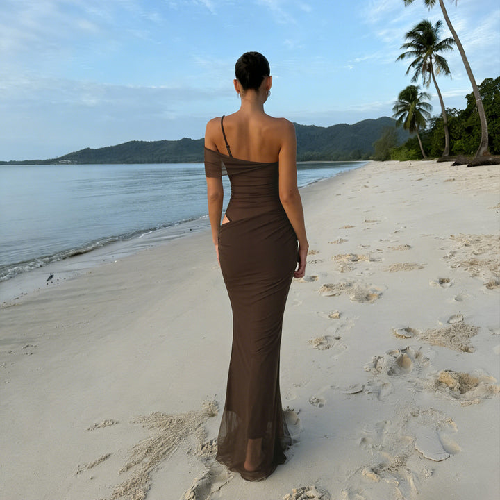 Damen elegantes Abendkleid mit raffinierten Rüschendetails und transparenten Einsätzen Echo Archiv