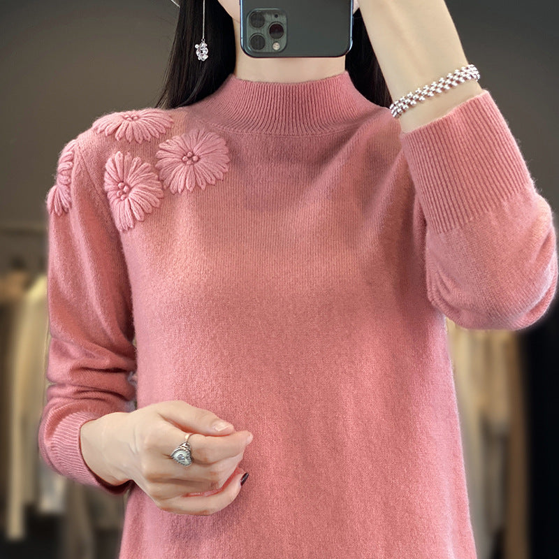 Damen Weicher Feinstrickpullover mit kurzem Stehkragen, 3D‑Blütenapplikation und gerippten Bündchen Echoarchiv