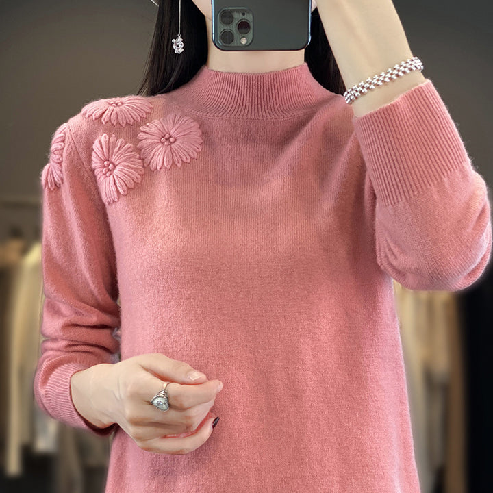Damen Weicher Feinstrickpullover mit kurzem Stehkragen, 3D‑Blütenapplikation und gerippten Bündchen Echoarchiv