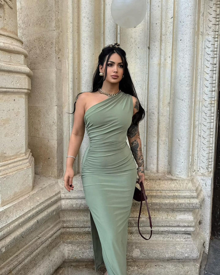 Damen elegantes langärmliges Maxikleid mit asymmetrischem Ausschnitt und Rüschendetails Echo Archiv