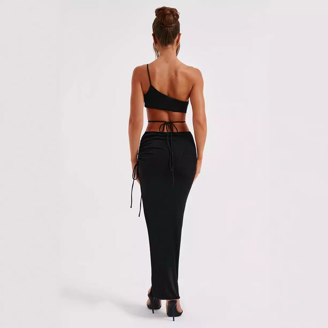Damen Elegantes One-Shoulder Maxikleid mit Raffung und hohem Schlitz Echo Archiv