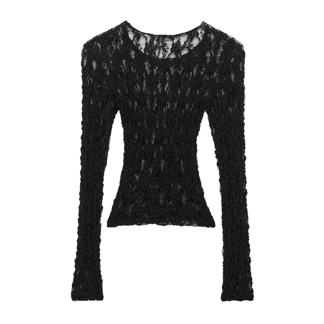 Damen semitransparentes Spitzenshirt langarm Slim-Fit mit Muschelkante – Élovi