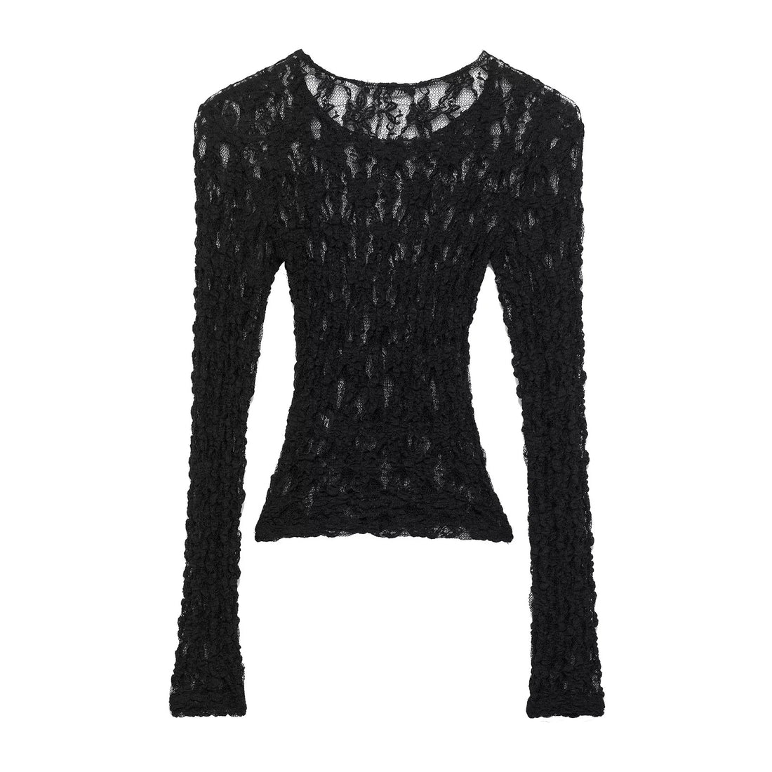 Damen semitransparentes Spitzenshirt langarm Slim-Fit mit Muschelkante – Élovi