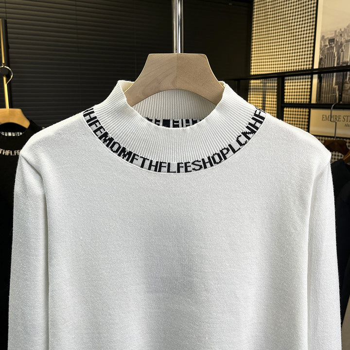 Unisex Feinstrickpullover mit kurzem Stehkragen und kontrastierendem Schriftkragen Echoarchiv