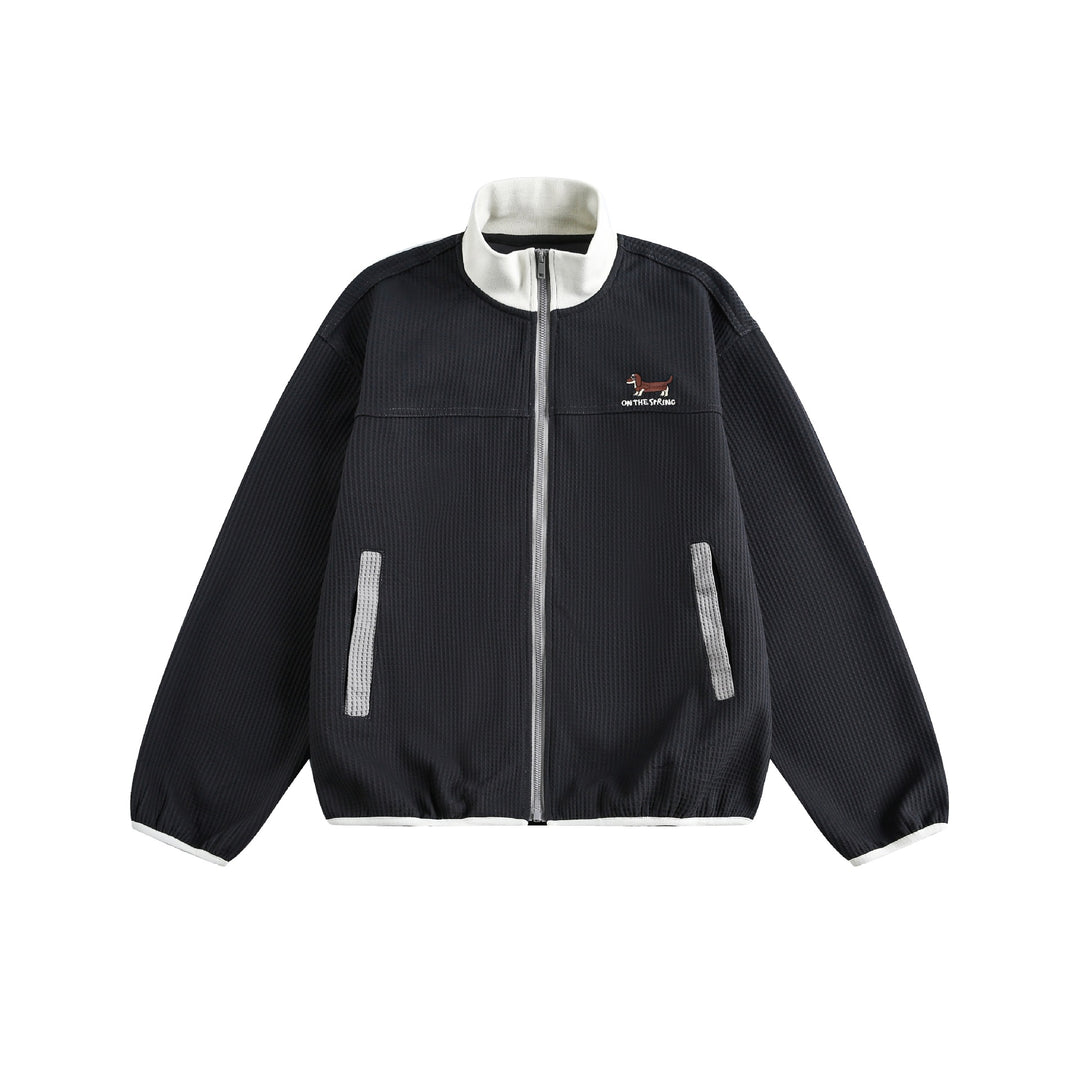 Damen Waffelstruktur Zipjacke im Boxy‑Cut mit Stehkragen und Hundestickerei Echoarchiv
