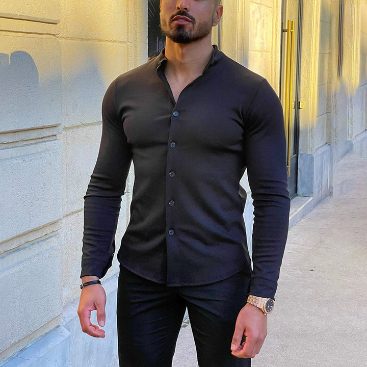 Herren Slim-Fit Langarmhemd mit Stehkragen und elastischem Jersey Echoarchiv
