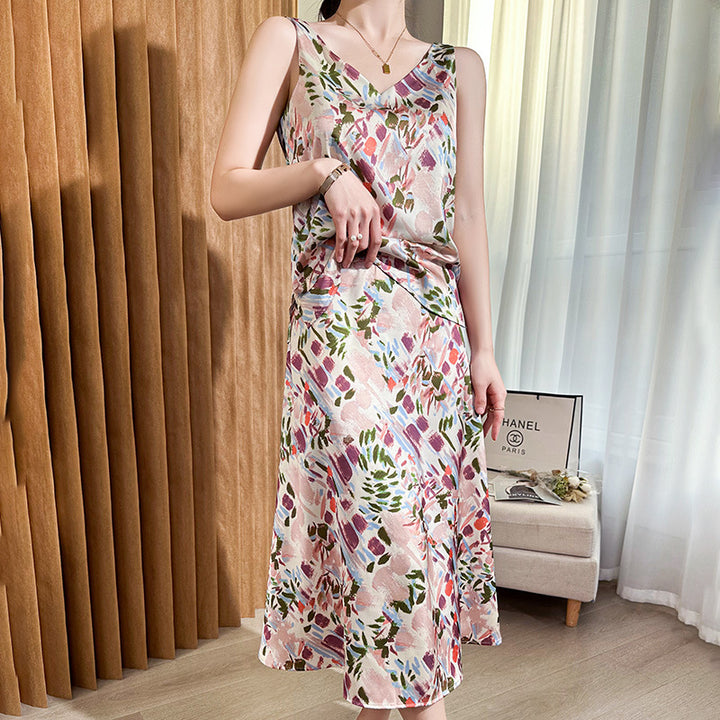 Damen Satin-Midirock mit abstraktem Aquarell-Blumenprint und hohem Bund Echoarchiv