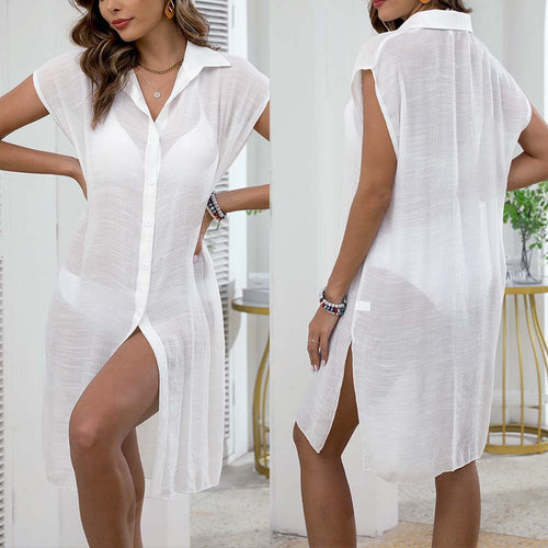 Damen luftiger Strandkleid mit Knopfdetails und überschnittenen Schultern Echo Archiv