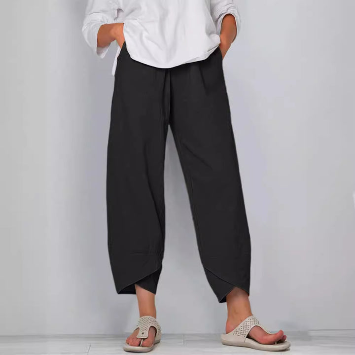 Damen nan weit geschnittene Leinenhose mit Tulpen-Saum und elastischem Bund Echo Archiv