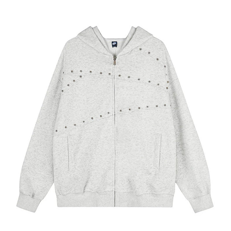 Damen Kapuzen‑Sweatjacke im Oversize‑Used‑Look mit Nietverzierung und durchgehendem Reißverschluss Echoarchiv