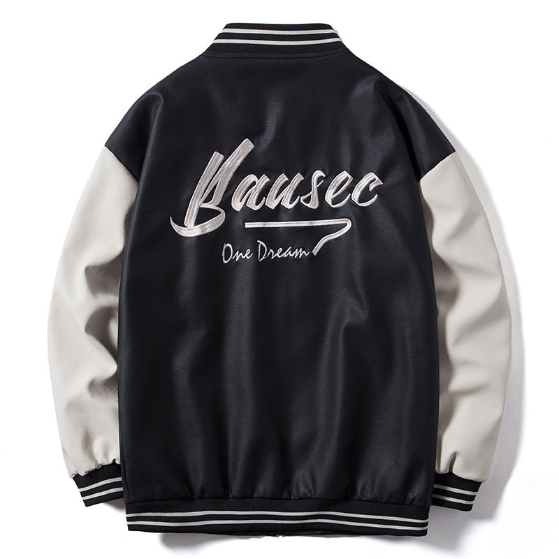 Herren Retro-College-Bomberjacke aus Kunstleder mit gestickten Logos und Rippsaum Echo Archiv