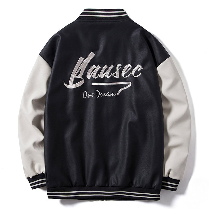 Herren Retro-College-Bomberjacke aus Kunstleder mit gestickten Logos und Rippsaum Echo Archiv