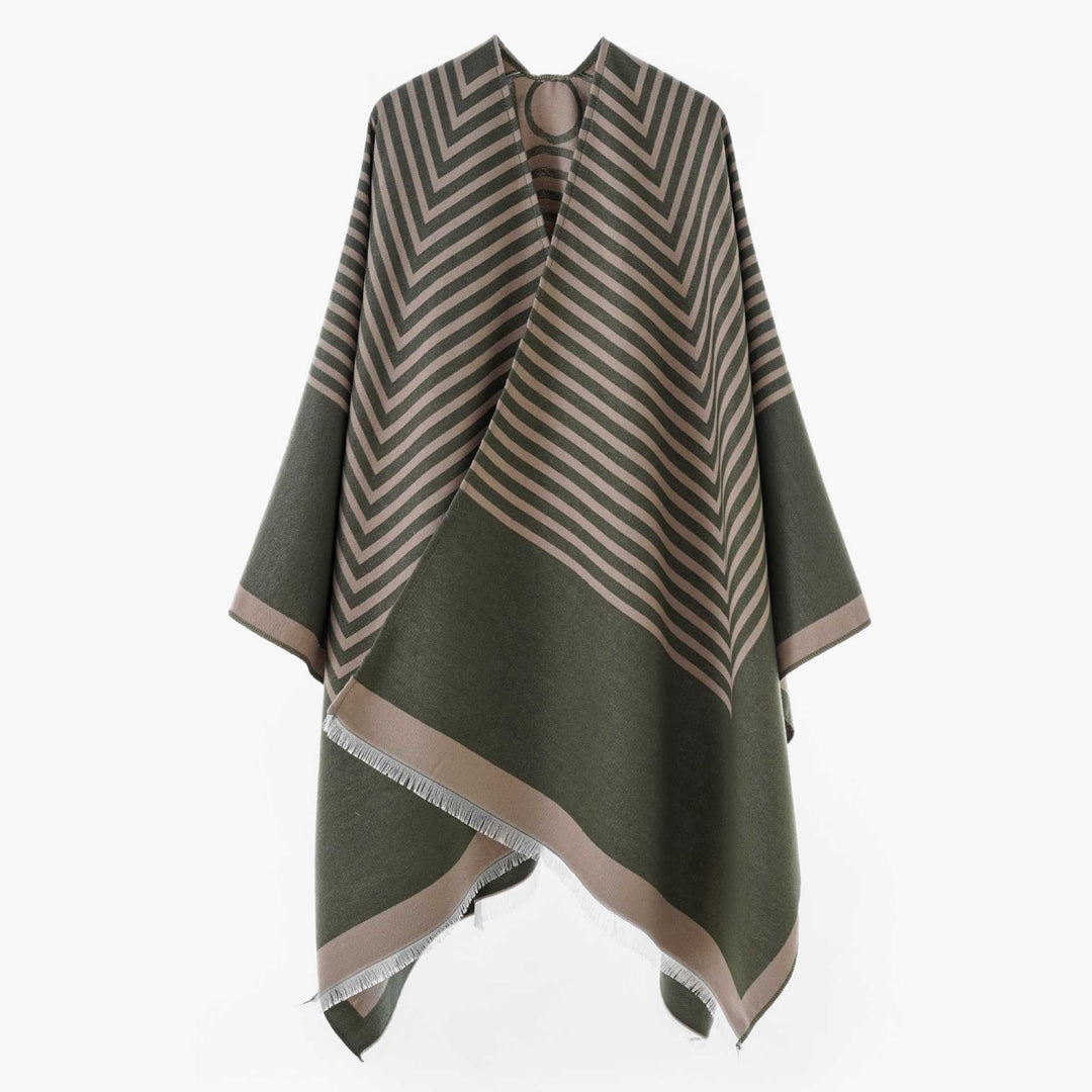 Damen Chevron‑Jacquard Capeponcho mit weitem Fall und Fransen – Avérine