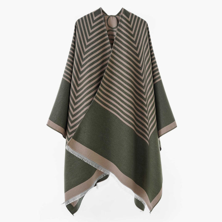 Damen Chevron‑Jacquard Capeponcho mit weitem Fall und Fransen – Avérine