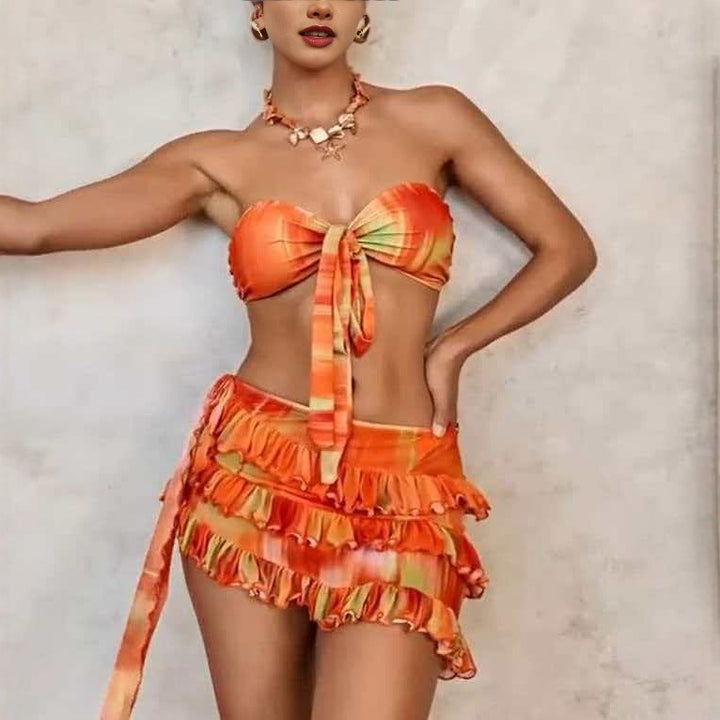 Damen Bandeau-Bikini-Set mit Rüschen und Wickeltuch Echo Archiv