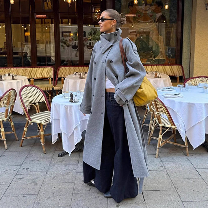 Damen Oversize Mantel aus Wollmix mit hohem Stehkragen und asymmetrischer Knopfleiste Echoarchiv