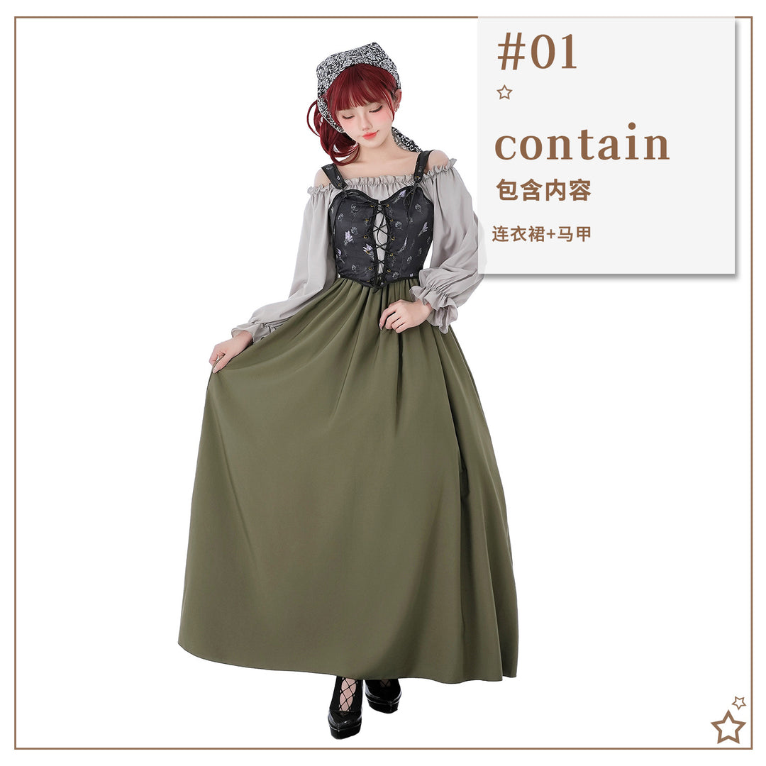 Damen nan Renaissance-inspiriertes Maxikleid mit Schnürkorsett und Carmenärmeln Echo Archiv