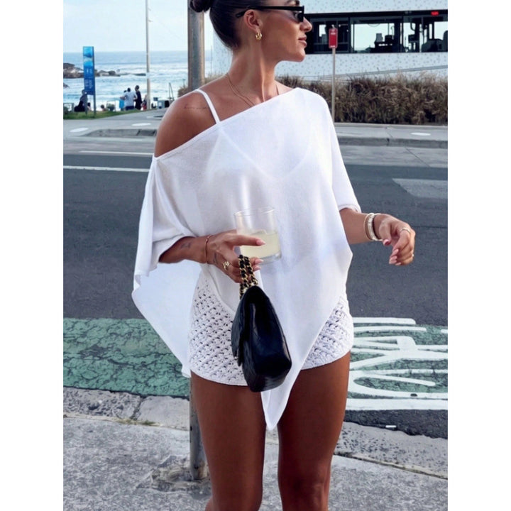 Damen Asymmetrisches Off-Shoulder Poncho-Top aus leichtem Strick Echoarchiv