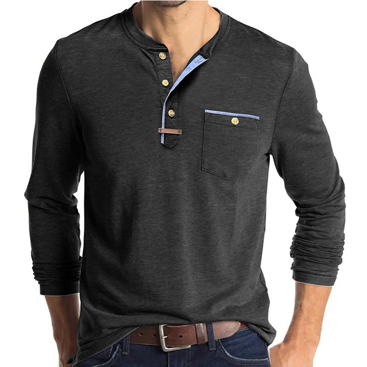 Herren Langarm-Henley-Shirt mit modischen Knöpfen und Brusttasche Echoarchiv