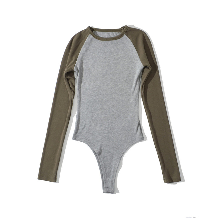Damen Raglan-Bodysuit mit langen Ärmeln, Rippstruktur und Druckknopfverschluss Echoarchiv