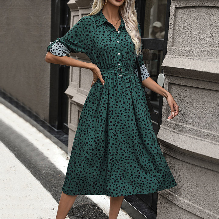 Damen Langärmliges Hemdblusenkleid mit Gürtel und Punkten Echo Archiv