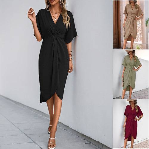 Damen Wickel-Midikleid mit Knotendetail, V-Ausschnitt und überschnittenen Ärmeln Echoarchiv