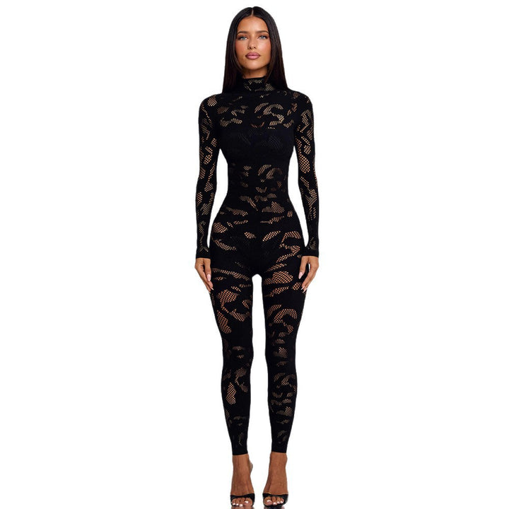 Damen Figurnahes Netz-Jumpsuit mit langem Arm und hohem Kragen Echo Archiv