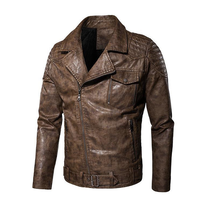 Herren Kunstleder-Bikerjacke mit asymmetrischem Reißverschluss Gürteldetail und gesteppter Schulterpartie – Taviero