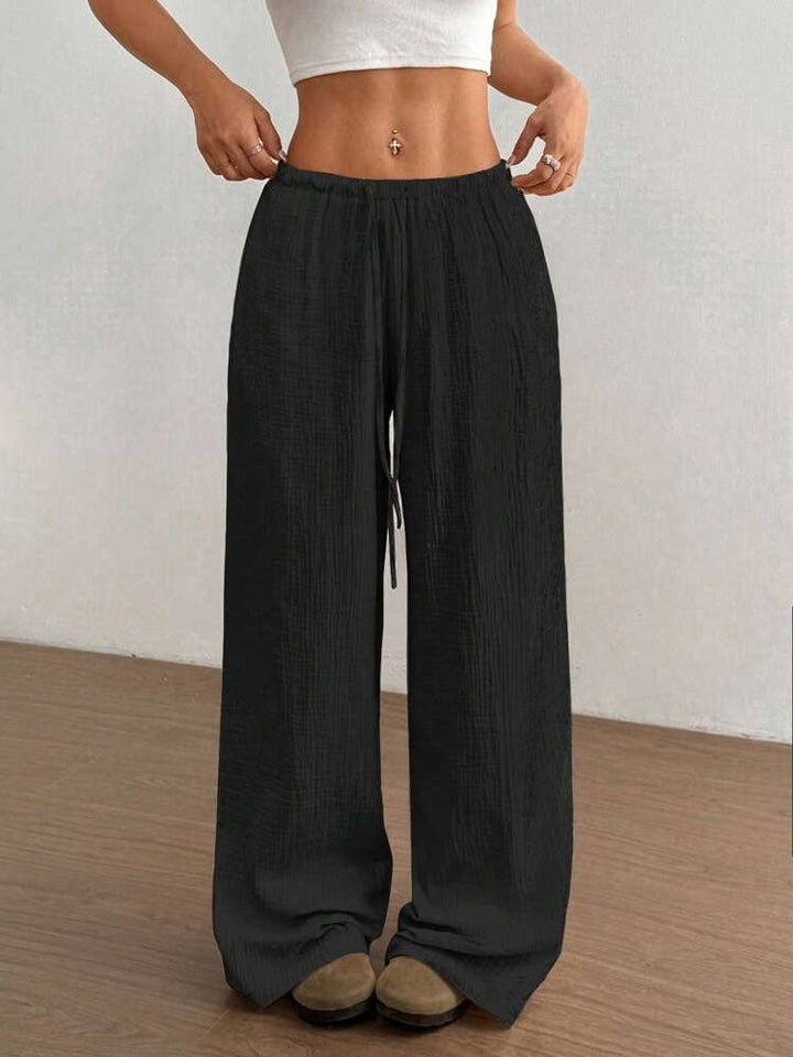 Damen weite Leinenoptik-Loungehose mit hohem Gummibund, Kordelzug & Crinkle-Struktur – Avérine