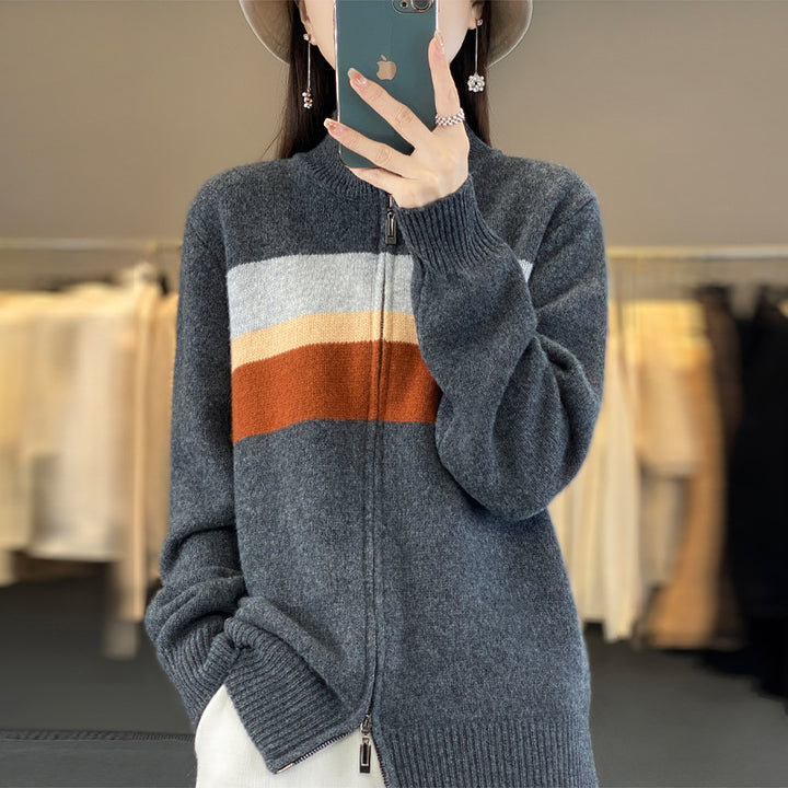 Damen Reißverschluss-Strickcardigan aus weichem Wollmix mit Blockstreifen und geripptem Saum Echoarchiv