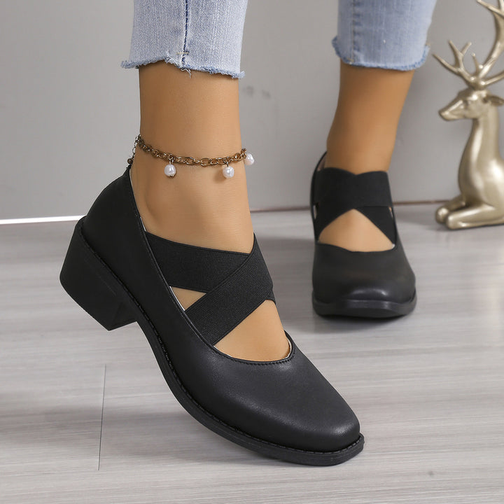 Damen Slipper-Pumps mit kreuzenden Elastikriemen und Blockabsatz Echoarchiv