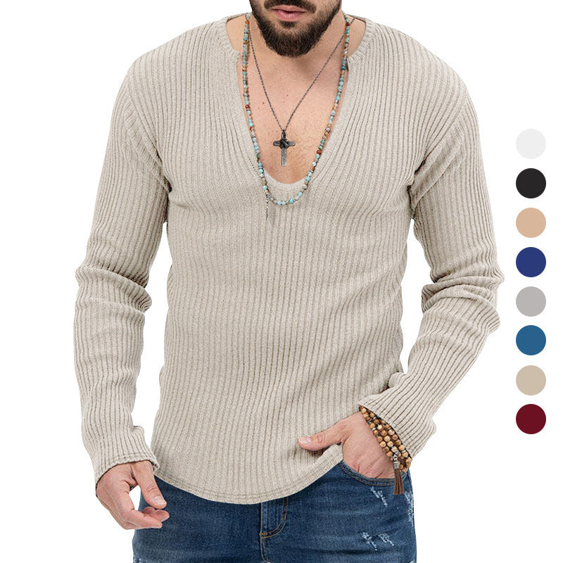 Herren Langarm-Rippenpullover mit tiefem V-Ausschnitt und modernem Schnitt Echoarchiv