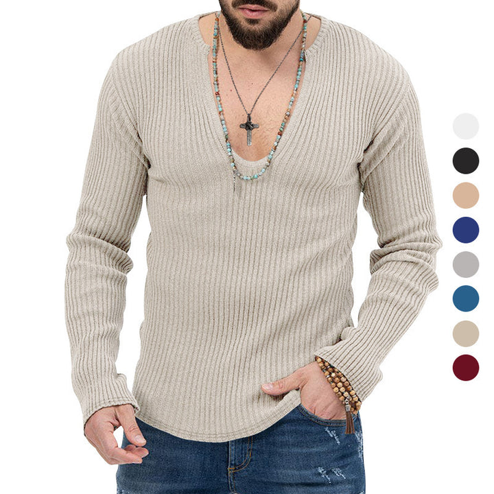 Herren Langarm-Rippenpullover mit tiefem V-Ausschnitt und modernem Schnitt Echoarchiv